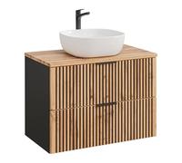 Komodee Meuble Mural avec Lavabo et Plateau Tilo - Corps Noir - Façades Fraisées en Couleur Wotan - 2 Tiroirs - 80 x 75 x 46 cm