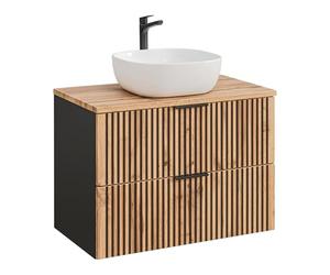 Komodee Meuble Mural avec Lavabo et Plateau Tilo - Corps Noir - Façades Fraisées en Couleur Wotan - 2 Tiroirs - 80 x 75 x 46 cm