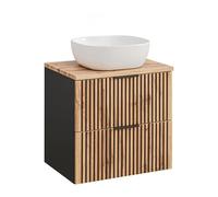 Komodee Meuble Mural avec Lavabo et Plateau Tilo - Corps Noir - Façades Sculptées en Couleur Wotan - 2 Tiroirs - 60 x 75 x 46 cm