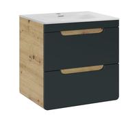 Komodee Meuble Suspendu avec Lavabo et Siphon Arvida - Couleur Chêne - Façade Grise - 2 Tiroirs - 60 x 59 x 46 cm