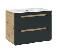 Komodee Meuble Suspendu avec Lavabo et Siphon Arvida - Couleur Chêne - Façade Grise - 2 Tiroirs - 80 x 59 x 46 cm