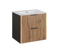Komodee Meuble Suspendu avec Lavabo et Siphon Tilo - Corps Noir - Façades Sculptées en Couleur Wotan - 2 Tiroirs - 60 x 60 x 46 cm