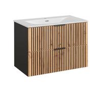 Komodee Meuble Suspendu avec Lavabo et Siphon Tilo - Corps Noir - Façades Striées en Couleur Wotan - 2 Tiroirs - 80 x 60 x 46 cm