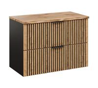 Komodee Meuble Suspendu sous Lavabo avec Plateau Tilo - Corps Noir - Façades Fraisées en Couleur Wotan - 2 Tiroirs - 80 x 60 x 46 cm