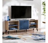 komodee, Meuble TV Fondi, bleu, bois clair avec porte et 2 etageres, 136 x 35x 49 cm, pour salon, chambre