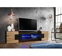 Komodee Meuble TV Merano A1 Noir/Noir/Wotan 230x52,5x35 cm | Meuble Banc TV Merano, Noir Noir Wotan, Largeur 230 cm x Hauteur 52,5 cm x Profondeur 35 cm, LED Bleues, pour Salon, Chambre