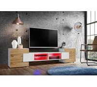 Meuble Banc TV Merano Version 2 Komodee - avec eclairage LED RGB - Blanc et Bois Naturel - 230 x 53 x 35 cm