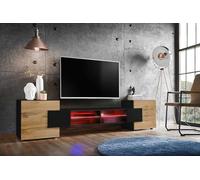 Meuble Banc TV Merano Version 2 Komodee - avec eclairage LED RGB - Noir et Bois Naturel - 230 x 53 x 35 cm