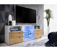 Komodee Meuble TV Urbino A1 Blanc/Wotan 140x53x35 cm | Komodee, Meuble Banc TV Urbino, Blanc Wotan, Largeur 140cm x Hauteur 53cm x Profondeur 35cm, LED Bleues, pour Salon, Chambre