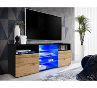 Komodee Meuble TV Urbino A1 Noir/Wotan 140x53x35 cm | Komodee, Meuble Banc TV Urbino, Noir Wotan, Largeur 140cm x Hauteur 53cm x Profondeur 35cm, LED Bleues, pour Salon, Chambre