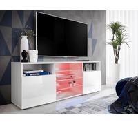 Meuble Banc TV Urbino Komodee - LED RGB - Blanc Brillant et Blanc - Facades en Brillant - 140 x 53 x 35 cm
