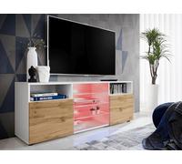 Komodee Meuble TV Urbino A2 Blanc/Wotan 140x53x35 cm | Komodee, Meuble Banc TV Urbino, Blanc Wotan, Largeur 140cm x Hauteur 53cm x Profondeur 35cm, LED RGB, pour Salon, Chambre