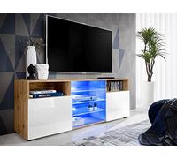 Komodee Meuble TV Urbino Wotan/Blanc 140x53x35 cm | Komodee, Meuble Banc TV Urbino, Wotan Blanc, Largeur 140cm x Hauteur 53cm x Profondeur 35cm, sans LED, pour Salon, Chambre