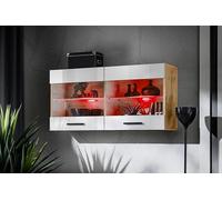 Vitrine Murale Komodee SAVONA - LED RVB - Blanc Brillant et Bois Naturel - Facades Brillant - 100 x 50 x 30 cm