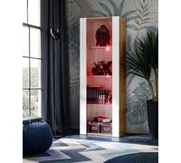 Vitrine Salon Armoire Komodee TIVOLI - LED RVB - Blanc et Bois naturel - 55 x 159 x 35 cm