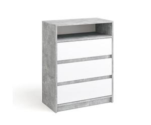 Komto Commode Béton et Blanc - Meuble de Rangement Bicolore avec 3 Tiroirs et 1 Niche Ouverte, Style Moderne pour Salon, Bureau ou Chambre Enfant | Leon 70 x 37 x 90 cm (L x P x H)