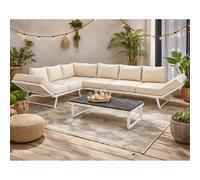 Best Mobilier Konna - salon de jardin d'angle en acier blanc - 5 places - coussin beige et table incluse , Beige/Blanc