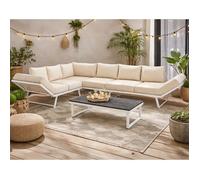 Best Mobilier Konna - salon de jardin d'angle en acier blanc - 5 places - coussin beige et table incluse , Beige/Blanc