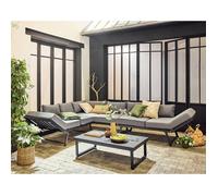 Best Mobilier Konna - salon de jardin d'angle en acier noir - 5 places - coussin gris et table incluse , Noir / Gris