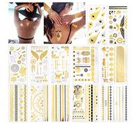 Konsait 12 feuilles Faux Tatouages éphémères Métalliques Brillants Tattoo Temporaire Doré Argentés Autocollants pour adultes femmes enfants