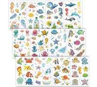 Konsait Lot de 12 feuilles de tatouages d'animaux marins - Paillettes sous la mer - Tatouages temporaires pour enfants, vie marine tropicale, requin, pieuvre, étoile de mer, faux tatouages sous la mer