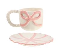 KONTONTY Tasse à Café en Céramique 250ml avec Soucoupe et Nœud 3d Rose | Anse Confortable, Finition Lisse, Prise Antidérapante, pour Cappuccino Boissons Chaudes, Repas, Goûter ou Présent