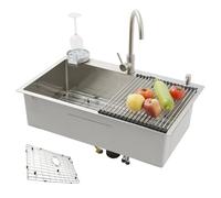 KOOGIMDDR 70x50 Évier SUS304 En Acier Inoxydable De Cuisine Multifonction Fait À La Main, Avec Grille De Sol Évier De Cuisine Grand À Une Vasque, Avec Robinet Et Divers Accessoires