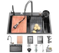 KOOGIMDDR Évier de cuisine 68 x 45 cm Avec robinet cascade En acier inoxydable noir Pour usage domestique Nettoyeur haute pression, planche à découper, panier