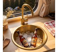 KOOGIMDDR Évier de cuisine rond 32 cm doré - Mini évier encastrable en acier inoxydable avec bonde dorée et siphon inclus - pour petite cuisine, camping-car, bureau, food truck - Cuve unique design
