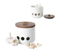 KOOK TIME Pot à Ail en Céramique, Boîte Conservation Oignon Échalote, Blanc | Trous d'aération, couvercle bois d'acacia, rangement pour gingembre, 11.5x12 cm, design nordique