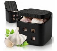KOOK TIME Pot à Ail en Céramique Couvercle Bambou, Boîte Oignon, Tout Noir | Rangement et conservation des échalotes et légumes secs, 11,5 cm, finition mate, trous d'aération