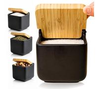 KOOK TIME Pot a sel cuisine | Boîte à sel en céramique avec couvercle en bambou, parfaite pour sel gros et sel fin | Céramique Colour: Noir |11.5 x 11.5 x 11.5 cm.