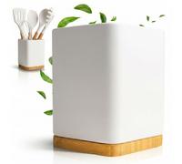 KOOK TIME Pot à Ustensiles de Cuisine en Céramique, Base Bambou, Blanc | Rangement carré 10,5x15 cm pour spatules, louches et fouets, porte-couverts stable et moderne