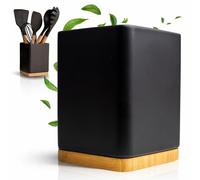 KOOK TIME Pot à Ustensiles de Cuisine en Céramique, Base Bambou, Noir Mat | Rangement carré 10,5x15 cm pour spatules, louches et fouets, porte-couverts stable et moderne