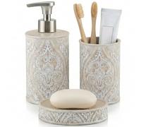 Kook Time Set Salle de Bain 3 Pièces Série Damask - Distributeur (Pompe Zinc Inoxydable), Porte-Brosse à Dents et Porte-Savon - Motif Floral Relief - Crème