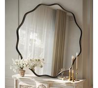 Koonmi Grand miroir rond à bord ondulé de 105 cm avec cadre en métal texturé à suspendre ou à poser au mur pour salle de bain, entrée, salon, noir