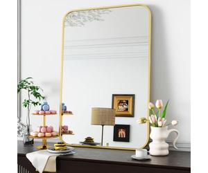 Koonmi Morden Miroir Mural doré 66 x 96 cm avec Coin Rond - Miroir Mural avec Cadre en Alliage d'aluminium - pour Montage Mural Horizontal ou Vertical - Doré