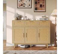 KOOPMAD Buffet de Salle à Manger, Armoire de Cuisine avec 3 Portes et 3 Tiroirs, Meuble de Rangement Scandinave, Moderne Buffet Salon en Rotin, pour Entrée Couloir, 107,9x40x80cm (Chêne-1)