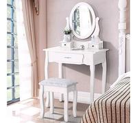 KOOPMAD Coiffeuse Blanche avec Miroir Amovible, Table de Maquillage avec Rangement Ouvert et 3 Tiroirs, Vanity avec Tabouret Rembourré, Miroir Pivotant à 360°, Style Élégant,136x75x40cm (Blanc, D)