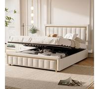 KOOPMAD Lit 140x190 avec Rangement,Lit Coffre 140x190 avec Sommier à Lattes,Lits 2 Personnes pour Adultes,Cadre de Lits avec Tête de lit en Bords dorés,Velours, Beige Blanc(sans Matelas)