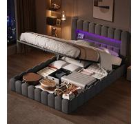 KOOPMAD Lit Bubble 140 x 200 cm avec coffre de lit, lit rembourré avec éclairage LED et USB, lit 140 x 200 cm avec espace de rangement, cadre de lit double pour adolescent avec sommier à lattes, lin