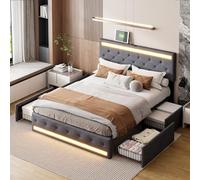KOOPMAD Lit Coffre 140x190 avec Sommier,Cadre de Lits 140x190 avec LED et USB,Lit Double avec 4 Tiroirs,lit 2 Personnes pour Adultes,Lin, Gris Foncé(sans Matelas)