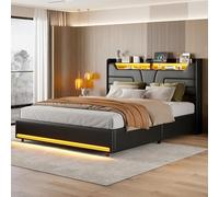 KOOPMAD Lit Coffre 140x190 cm, Lit Double Rembourré 140x190, Lits Hydraulique avec LED et USB, Lits 2 Personnes avec Tete de lit Capitonné de Rangement, pour Adulte Ados, PU, Noir, sans Matelas