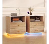 KOOPMAD Lot de 2 Tables de Chevet, LED Tables de Nuit avec 2 Tiroisr et Multiprise, Table d'appoint avec Rangement et Compartiment Ouvert, Table Basse pour Chambre Salon, 44×38×55 cm (Blanc+Bois)