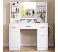 KOOPMAD Vanity Desk Blanc avec Mirror LED et 3 Color Dimmable, Grande Coiffeuse avec Rangement Ouvertes, Makeup Desk avec 7 Tiroirs et Prises, Vanity 140x110x40cm (Blanc, C)