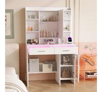 KOOPMAD Vanity Desk Blanc avec Mirror LED et 3 Color Dimmable, Grande LED Coiffeuse avec Rangement Ouvertes, Makeup Desk avec 2 Tiroirs et Prises, Vanity 145x89,8x40cm(Blanc, E)