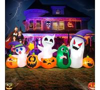 KOOY Décoration gonflable d'Halloween de 2,4 m de long, famille fantôme et citrouille avec lumière LED, mignonnes décorations de jardin gonflables pour extérieur, fête, jardin, pelouse