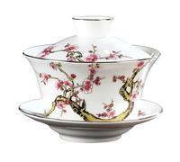 KOPYFANTAP Chinoise Porcelaine Gaiwan Tasse à Thé, Fleur Prunier Blanc | Traditionnel Kung Fu Sancai Tasse à Thé en Céramique 300 ml avec Couvercle et Soucoupe, pour Amateurs de Thé