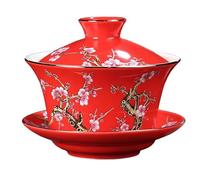 KOPYFANTAP Chinoise Porcelaine Gaiwan Tasse à Thé, Fleur Prunier Rouge | Traditionnel Kung Fu Sancai Tasse à Thé en Céramique 300 ml avec Couvercle et Soucoupe, pour Amateurs de Thé
