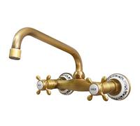 KOPYFANTAP Robinet Cuisine Mural Laiton Antique à Deux Poignées Céramique | Mitigeur mélangeur mural laiton brossé, 23 cm bec rotatif 180°, adapté éviers cuisine et lavabos salle de bain